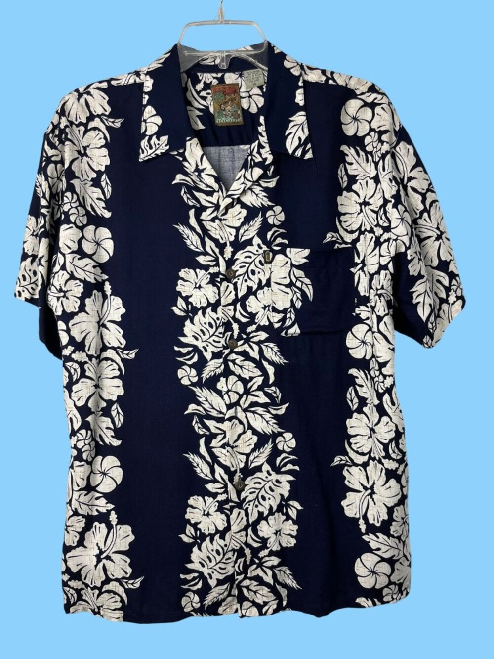 Vintage Pineapple Connection Hawaiian Shirt Mens XL Rayon Navy Cream Floral Used